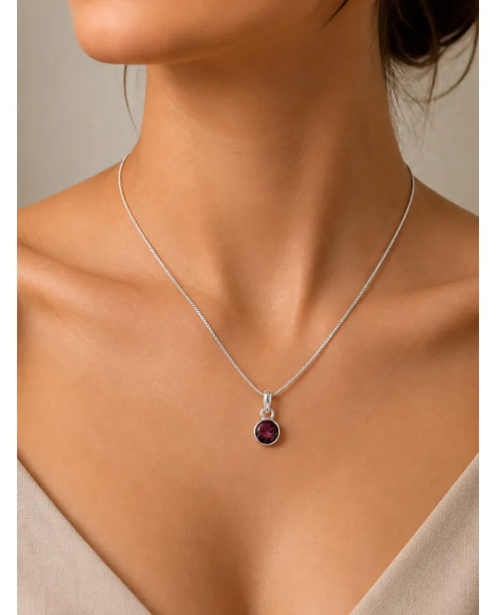 925 Sterling Silver Bezel-Set Raw Garnet Pendant Necklace