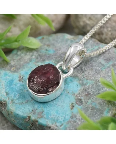 925 Sterling Silver Bezel-Set Raw Garnet Pendant Necklace