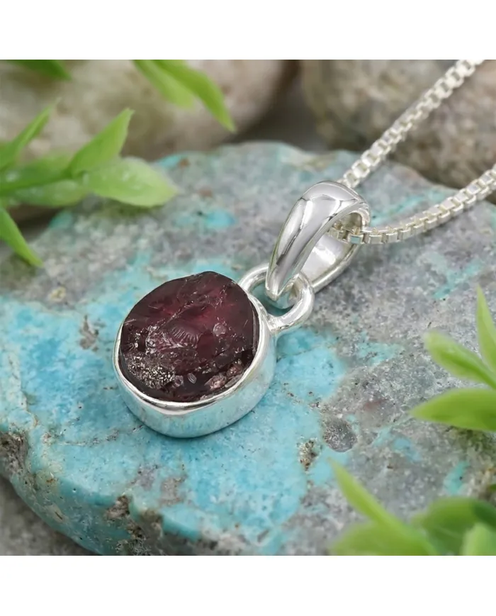 925 Sterling Silver Bezel-Set Raw Garnet Pendant Necklace