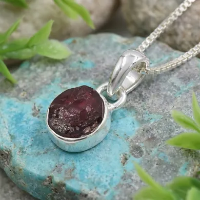 925 Sterling Silver Bezel-Set Raw Garnet Pendant Necklace