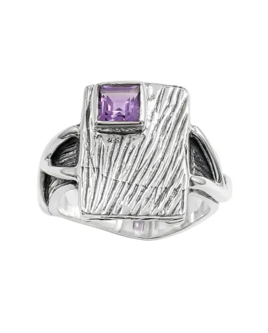 Amethyst Wood Grain Ring 925 Sterling Silver - Handmade Unisex Jewelry