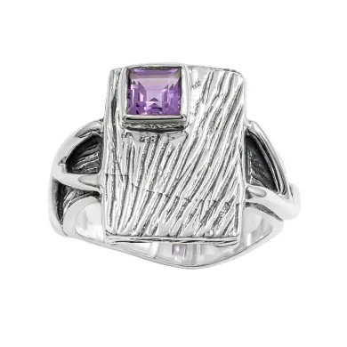 Amethyst Wood Grain Ring 925 Sterling Silver - Handmade Unisex Jewelry