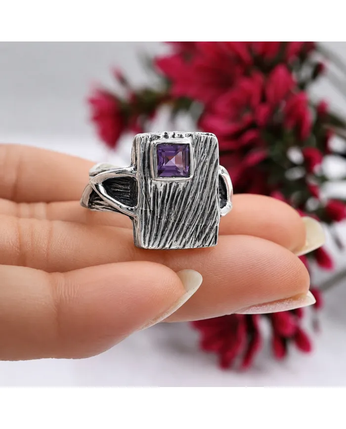 Amethyst Wood Grain Ring 925 Sterling Silver - Handmade Unisex Jewelry