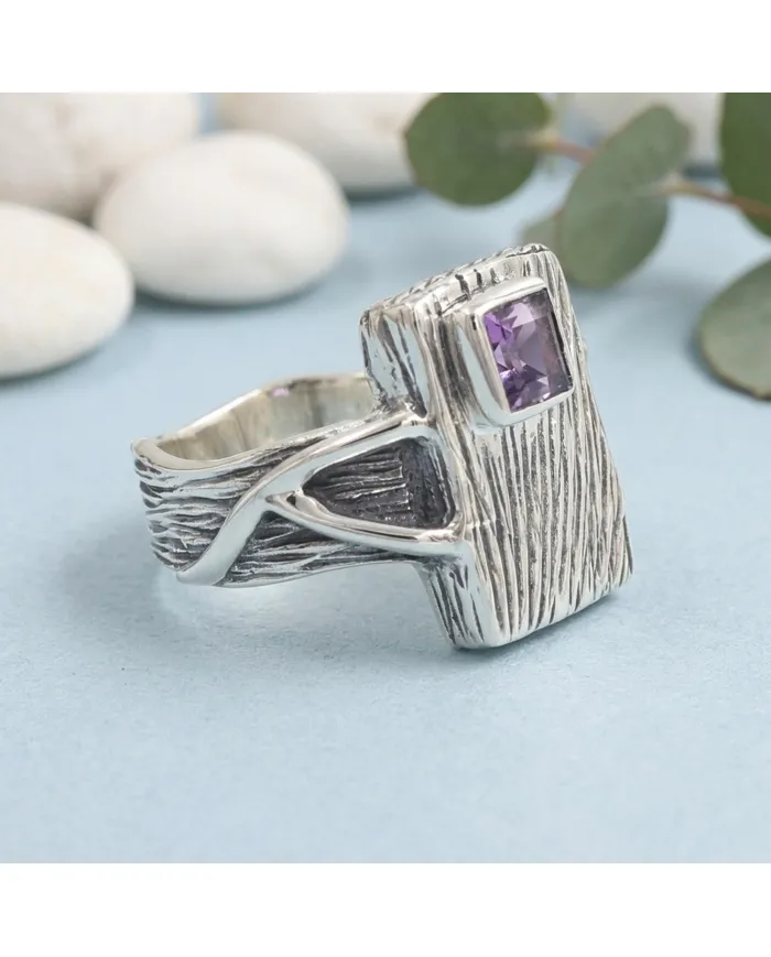 Amethyst Wood Grain Ring 925 Sterling Silver - Handmade Unisex Jewelry