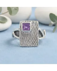 Amethyst Wood Grain Ring 925 Sterling Silver - Handmade Unisex Jewelry