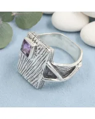 Amethyst Wood Grain Ring 925 Sterling Silver - Handmade Unisex Jewelry