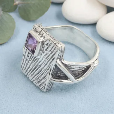 Amethyst Wood Grain Ring 925 Sterling Silver - Handmade Unisex Jewelry