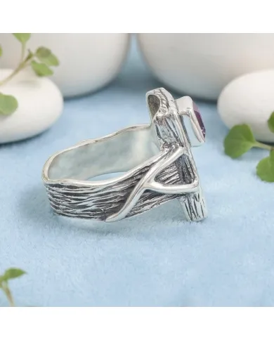 Amethyst Wood Grain Ring 925 Sterling Silver - Handmade Unisex Jewelry