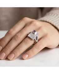 Amethyst Wood Grain Ring 925 Sterling Silver - Handmade Unisex Jewelry