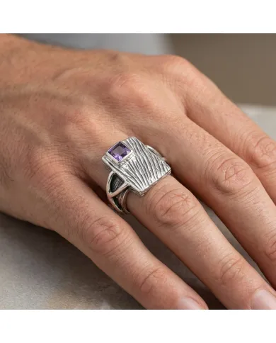 Amethyst Wood Grain Ring 925 Sterling Silver - Handmade Unisex Jewelry