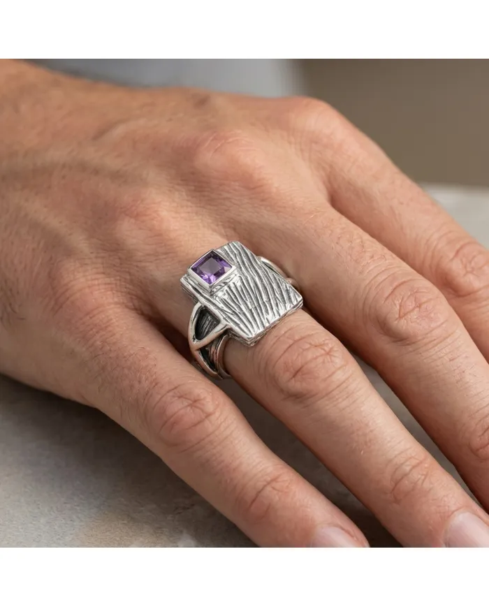 Amethyst Wood Grain Ring 925 Sterling Silver - Handmade Unisex Jewelry