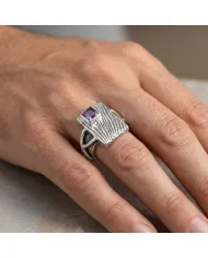 Amethyst Wood Grain Ring 925 Sterling Silver - Handmade Unisex Jewelry