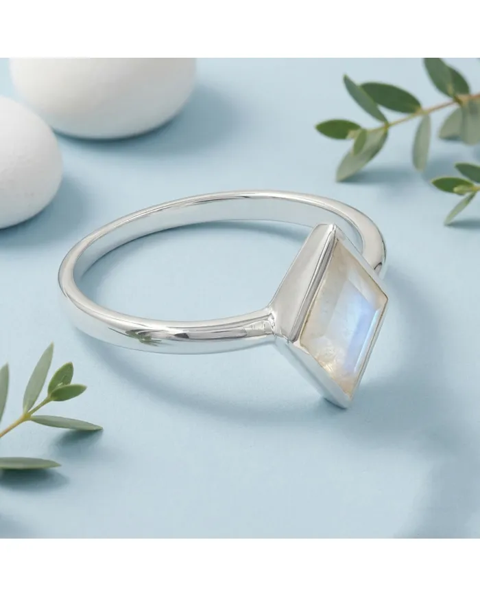 Rhombus Moonstone Ring 925 Sterling Silver Geometric Gemstone Jewelry