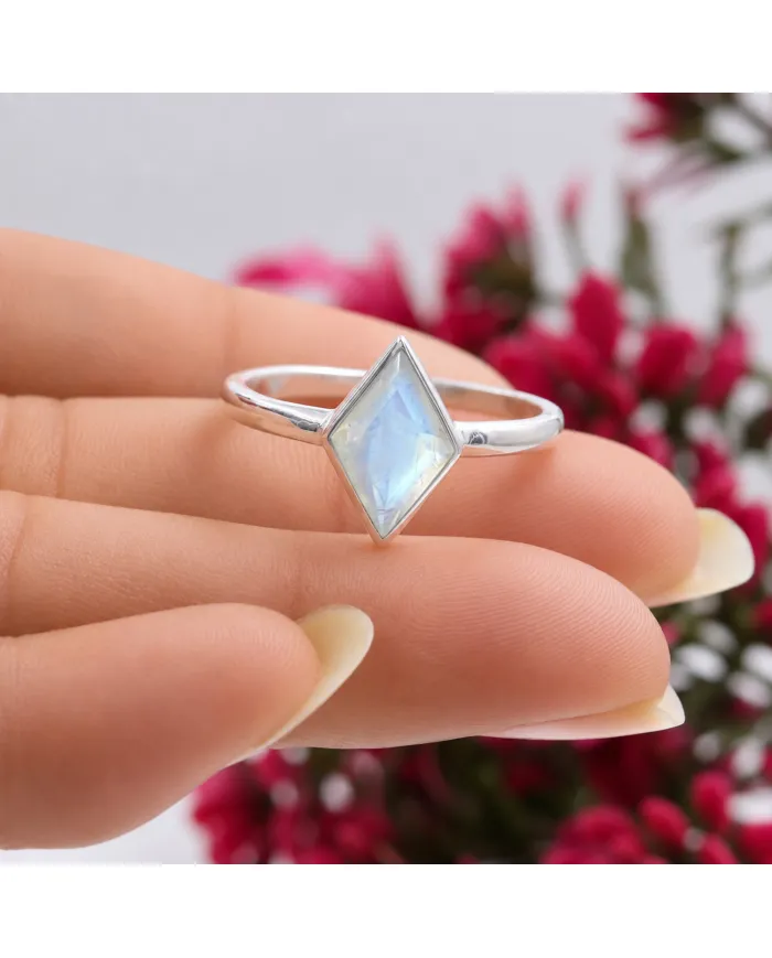 Rhombus Moonstone Ring 925 Sterling Silver Geometric Gemstone Jewelry