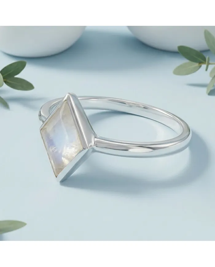Rhombus Moonstone Ring 925 Sterling Silver Geometric Gemstone Jewelry