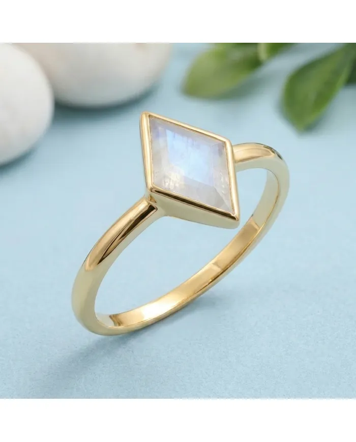 18K Gold Plated Rhombus Moonstone Ring - Geometric Gemstone Jewelry