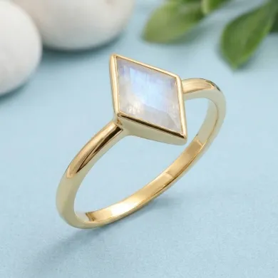 18K Gold Plated Rhombus Moonstone Ring - Geometric Gemstone Jewelry