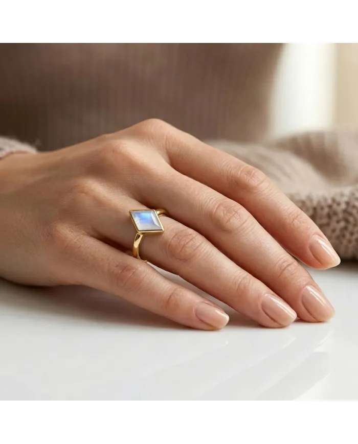 18K Gold Plated Rhombus Moonstone Ring - Geometric Gemstone Jewelry