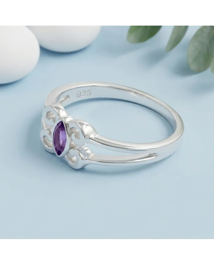 Amethyst Marquise Ring 925 Sterling Silver - Handmade Jewelry for Her