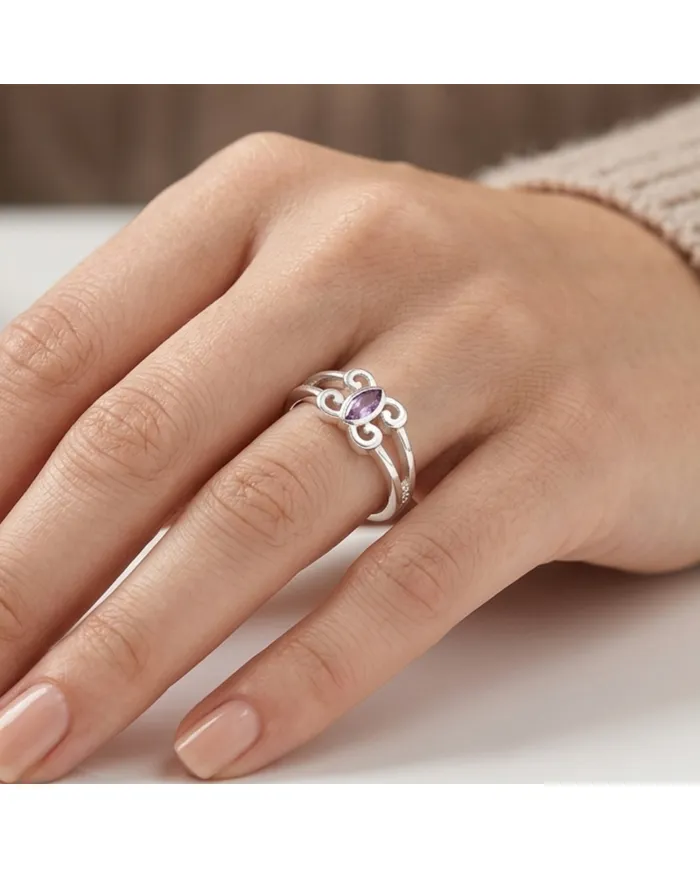 Amethyst Marquise Ring 925 Sterling Silver - Handmade Jewelry for Her