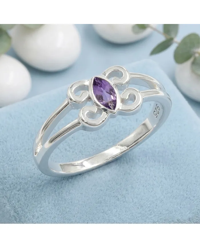 Amethyst Marquise Ring 925 Sterling Silver - Handmade Jewelry for Her