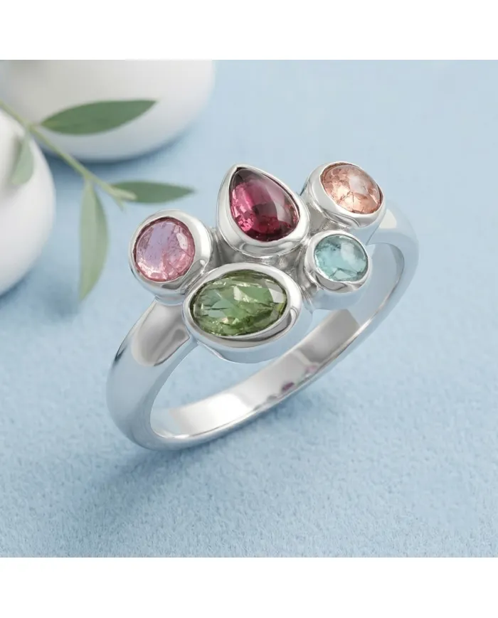 925 Sterling Silver Multi-Color Tourmaline Ring Handmade Cluster Ring
