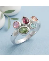 925 Sterling Silver Multi-Color Tourmaline Ring Handmade Cluster Ring