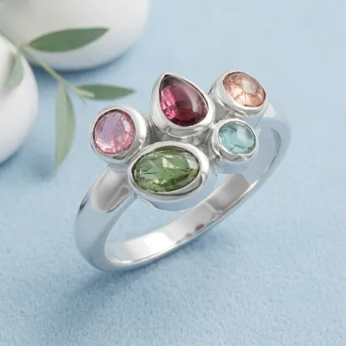 925 Sterling Silver Multi-Color Tourmaline Ring Handmade Cluster Ring