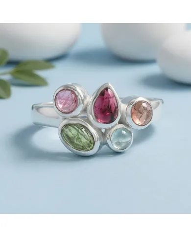 925 Sterling Silver Multi-Color Tourmaline Ring Handmade Cluster Ring