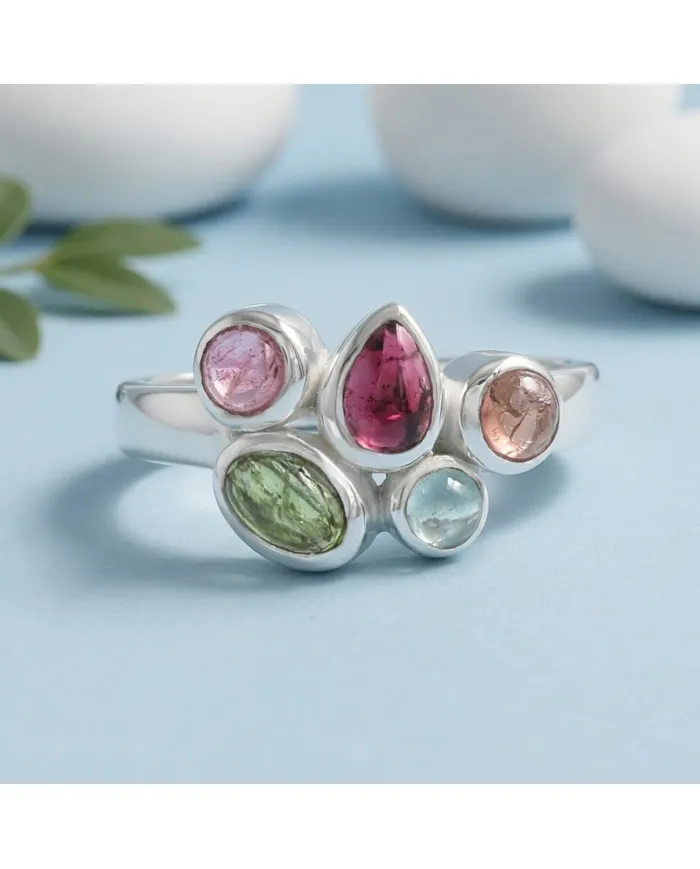 925 Sterling Silver Multi-Color Tourmaline Ring Handmade Cluster Ring