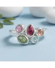 925 Sterling Silver Multi-Color Tourmaline Ring Handmade Cluster Ring