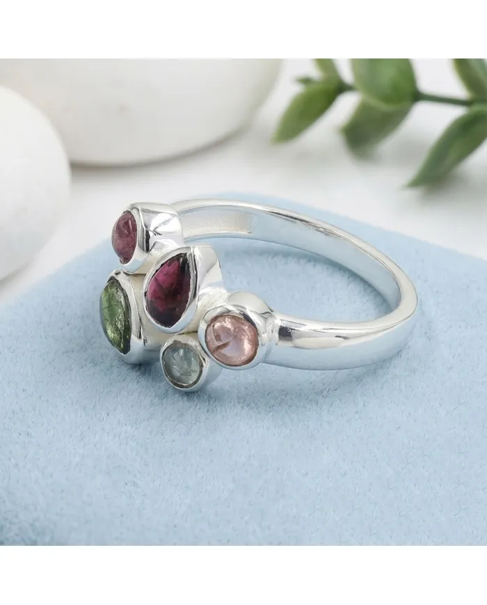 925 Sterling Silver Multi-Color Tourmaline Ring Handmade Cluster Ring