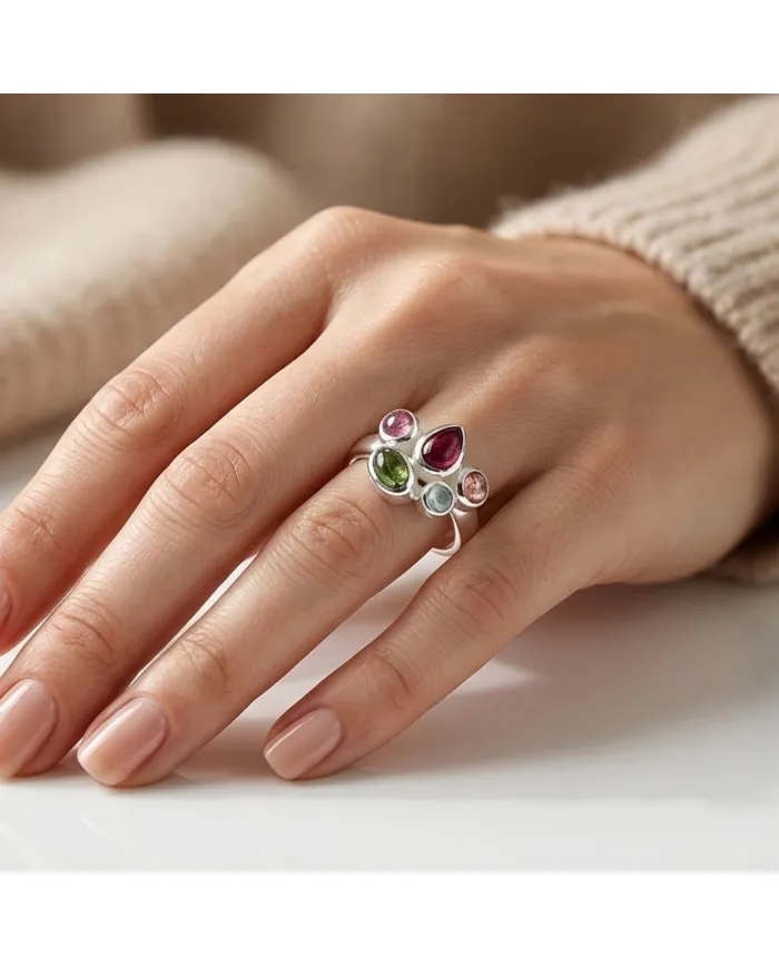 925 Sterling Silver Multi-Color Tourmaline Ring Handmade Cluster Ring