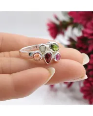 925 Sterling Silver Multi-Color Tourmaline Ring Handmade Cluster Ring