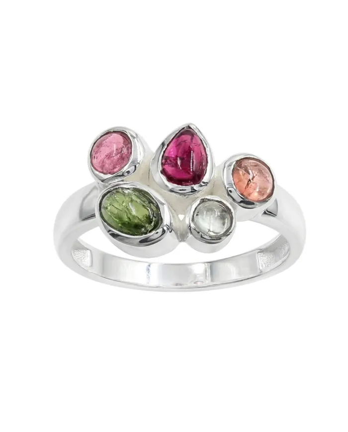 925 Sterling Silver Multi-Color Tourmaline Ring Handmade Cluster Ring