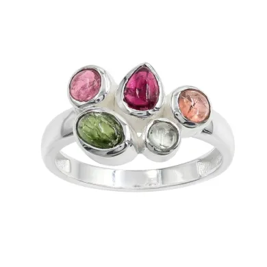 925 Sterling Silver Multi-Color Tourmaline Ring Handmade Cluster Ring