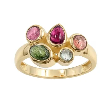 18K Gold Plated Multi-Color Tourmaline Ring Handmade Cluster Ring