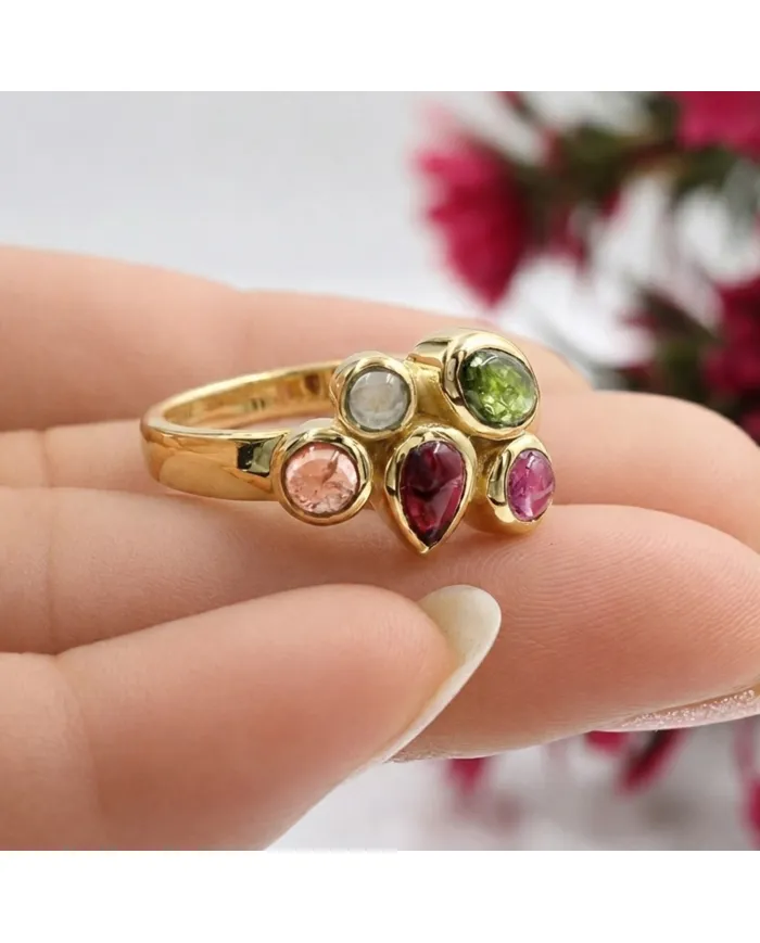 18K Gold Plated Multi-Color Tourmaline Ring Handmade Cluster Ring