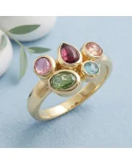 18K Gold Plated Multi-Color Tourmaline Ring Handmade Cluster Ring