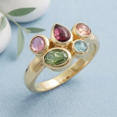 18K Gold Plated Multi-Color Tourmaline Ring Handmade Cluster Ring