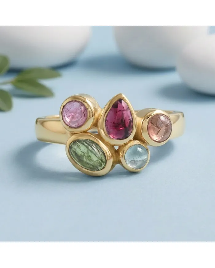 18K Gold Plated Multi-Color Tourmaline Ring Handmade Cluster Ring