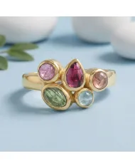 18K Gold Plated Multi-Color Tourmaline Ring Handmade Cluster Ring