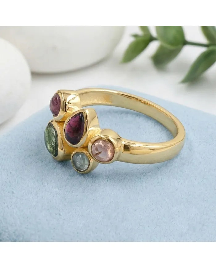 18K Gold Plated Multi-Color Tourmaline Ring Handmade Cluster Ring