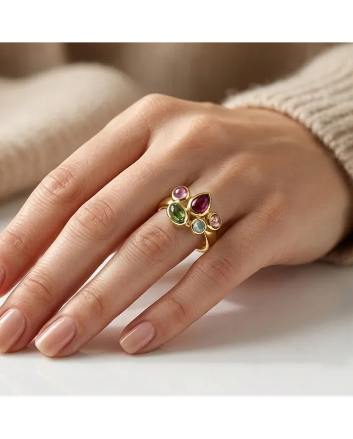 18K Gold Plated Multi-Color Tourmaline Ring Handmade Cluster Ring