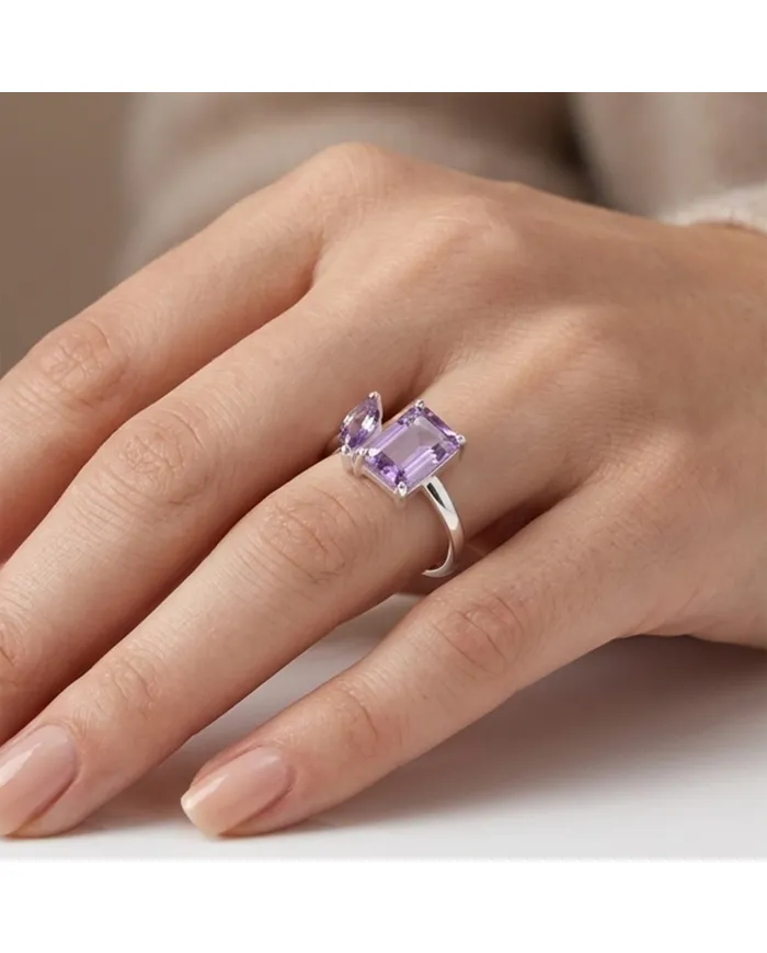 Two-Stone Amethyst Ring | 925 Sterling Silver Handmade Gift for Women