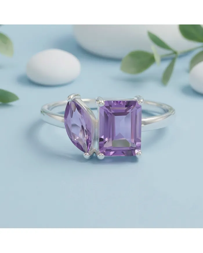 Two-Stone Amethyst Ring | 925 Sterling Silver Handmade Gift for Women