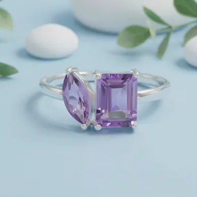 Two-Stone Amethyst Ring | 925 Sterling Silver Handmade Gift for Women