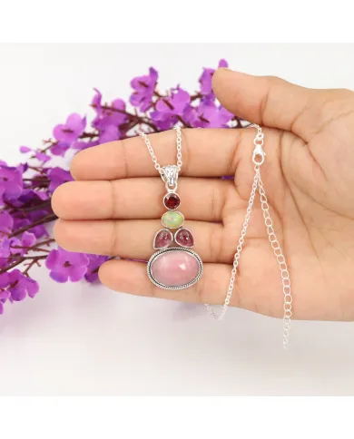 Pink Opal Pendant Necklace 925 Sterling Silver, Multi Gemstone Pendant
