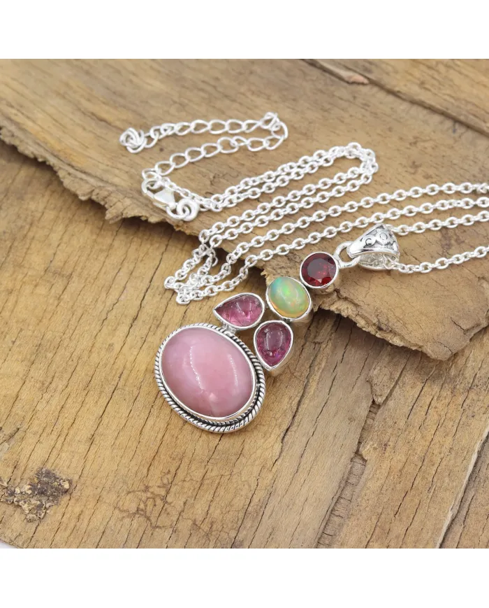 Pink Opal Pendant Necklace 925 Sterling Silver, Multi Gemstone Pendant