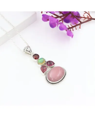 Pink Opal Pendant Necklace 925 Sterling Silver, Multi Gemstone Pendant